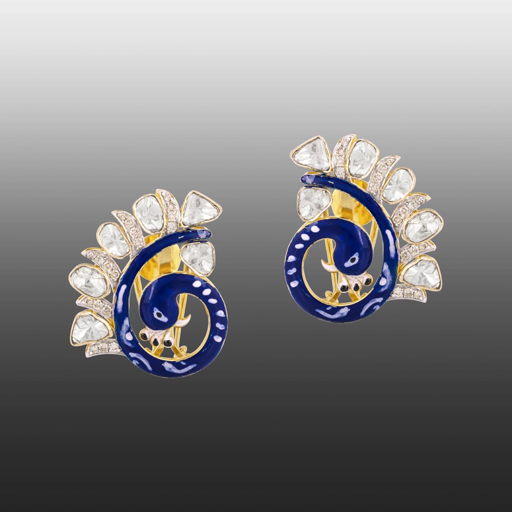 Peacock Earrings with Blue Enamel, Shimmering Diamonds and Polkis